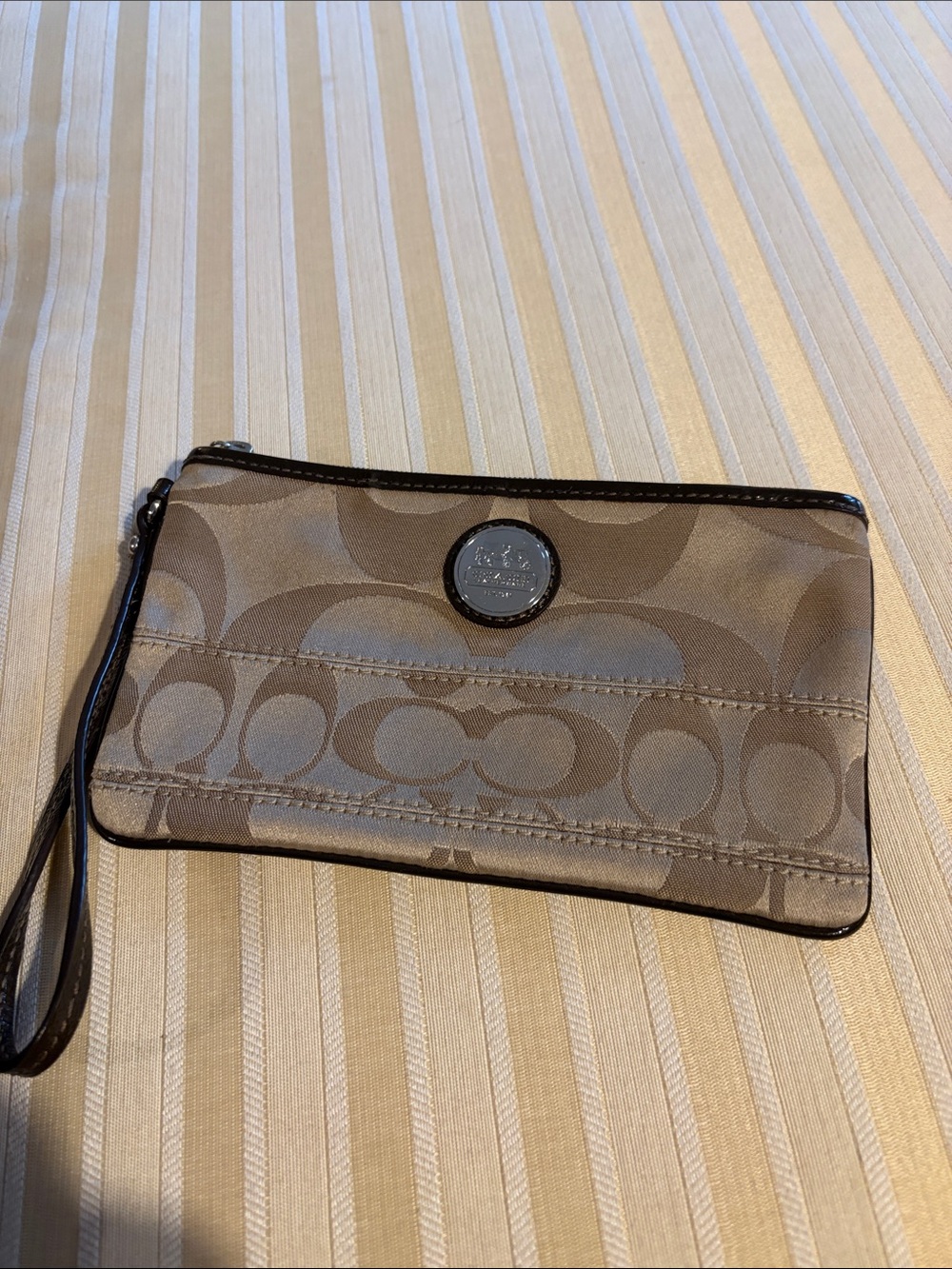 Coach Khaki and Dark Brown Signature Fabric Wristlet EUC